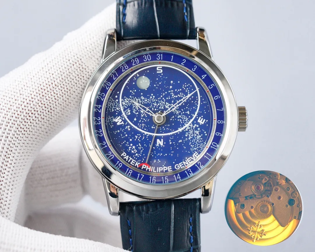 【High-end replica】💰1720! Patek Philippe - The Starry Sky Upgrade Ultimate Edition upgrades the Galaxy 6102 and 6104 super complication series‼ ️Geneva Sky Series Can you imagine wearing the starry sky on your wrist? This starry sky watch has a unique astrological function. You can enjoy the Geneva sky map on the blue round dial, as well as the golden moon trajectory. It lasts for 20 months. It adopts a pearl rotor modified from Japan's Citizen 8215. It has the same movement as the original one. The moon on the dial will automatically change according to the full moon, full moon, eclipse and curvature of the moon in the sky. The sapphire glass on the front and rear of the case is treated with advanced technology to increase the refracted light of the glass, making the dial look more transparent. It does not seem to have the feeling of glass. The back cover and glass also use the same concave shape as the original product, breaking the traditional parallelism between the back cover and the glass of the watch🔥Top product, continuous high-quality products🔥